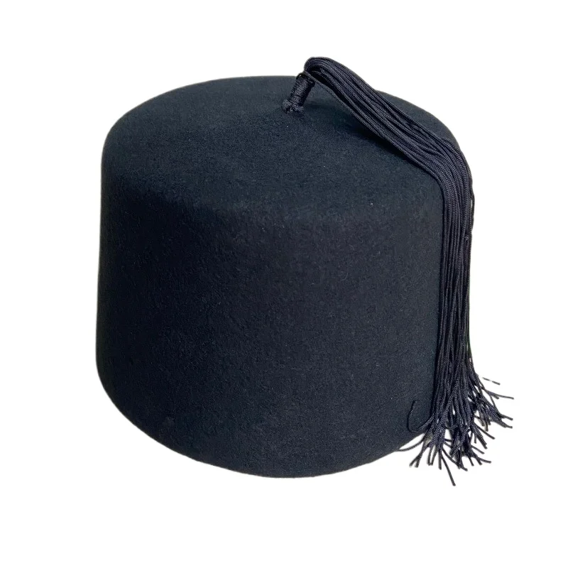 

15cm High Tall Fez Hat Black Wool Felt Turkish Tarboosh with Long Tassel Men Muslim Prayer Cap Magician Costume Party Headwear