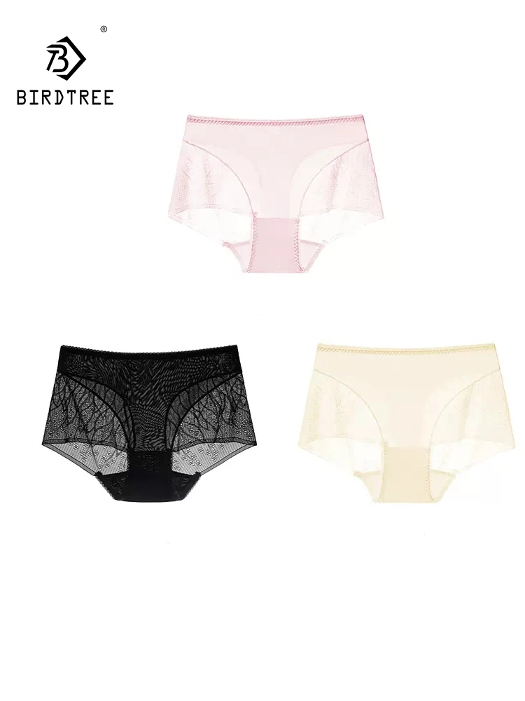 

BirdTree, 3pcs 100%Mulberry Silk Sexy Briefs, Women Middle Waist Lace, French Sweet Thin Boyshort, 2024 Summer Autumn P46674QC