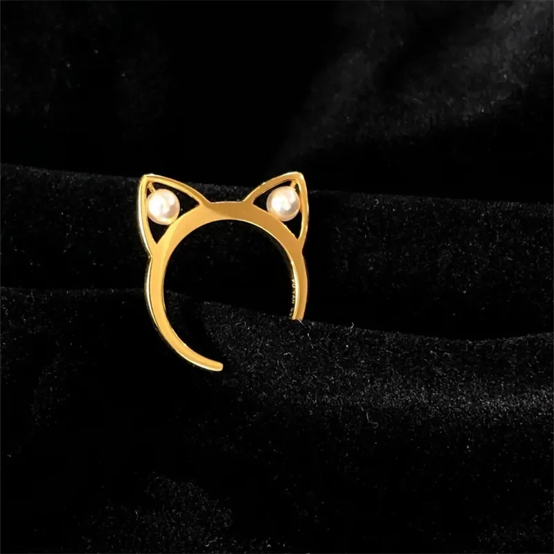 Cute Style Gold Color Imitation Pearl Cat's Ears Ring Women's High End Luxury Afternoon Tea Banquet Jewelry Ring Accessories