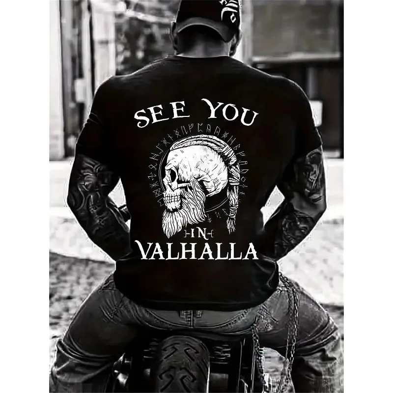 Men's Skeleton Valhalla Pattern Printed Short Sleeve T-shirt, Casual Round Neck, Suitable for All Seasons for Men and Women