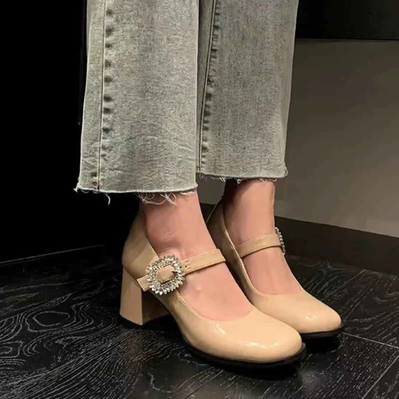 Trendy and Fashionable 2024 Spring New Hundred Pairs Skirt Shallow Mouth Round Head Thick Heel High Heel Women's Shoes