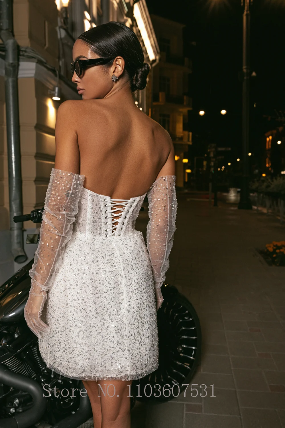 Elegante abito da sposa con scollo a cuore con spalle scoperte per la sposa paillettes pieghettate a-line abito da sposa corto robe de mariée