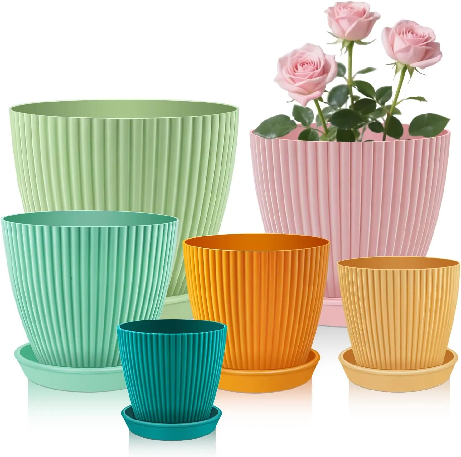 

6-Pack Plastic Plant Pots with Saucers, 3.5"-7.5", Mesh Drainage, Multicolor