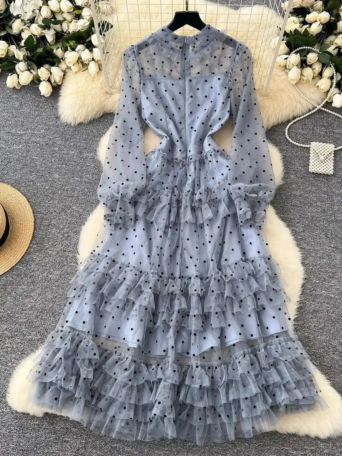 Summer Polka Dot Embroidery Tulle Lace Ruffle Cake Dress Women\'s Autumn Crystal Long Sleeve Party Evening Vestido Midi Robe Grey