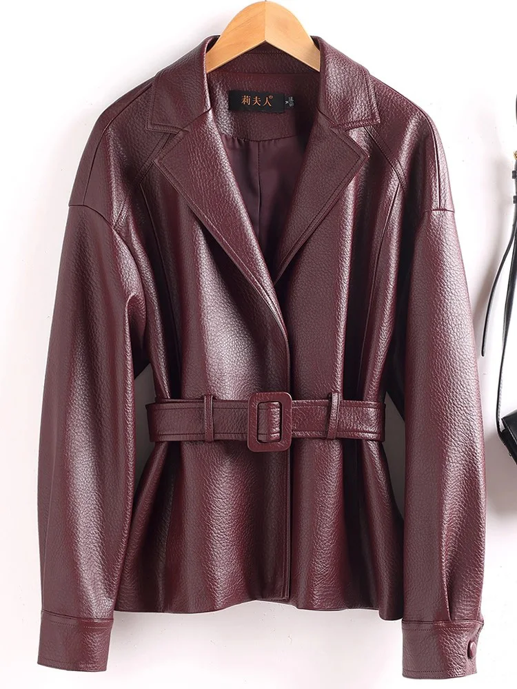 Nuovo Donne Pelle spaccata Blazer con cintura sottile Primavera Autunno Moda Colletto dentellato Sciolto Giacca di pelle Cappotto femminile