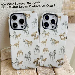 Magnetic Funda Horse Pattern Phone Case for iPhone 16 15 14 13 12 11 Pro Max Plus Luxury Magnetic Double-layer Back Cover
