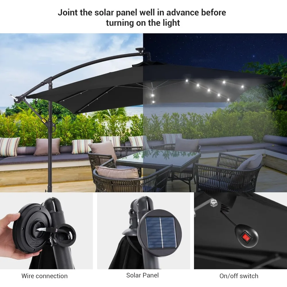 مظلة فناء بإزاحة LED تعمل بالطاقة الشمسية بطول 8.2 × 8.2 قدم، مظلة ناتئة مضاءة 32 مصباحًا مع مظلات معلقة بقاعدة إمالة ومتقاطعة للحديقة #5