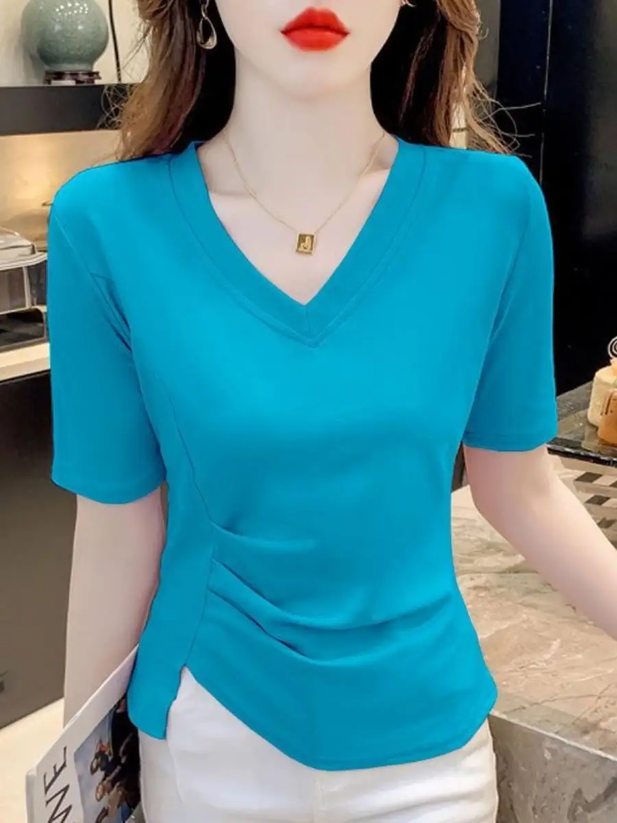 slim-fit-v-neck-short-sleeve-t-shirt-women's-summer-new-style-pure-color-casual-top-korean-style-fashion-accessories