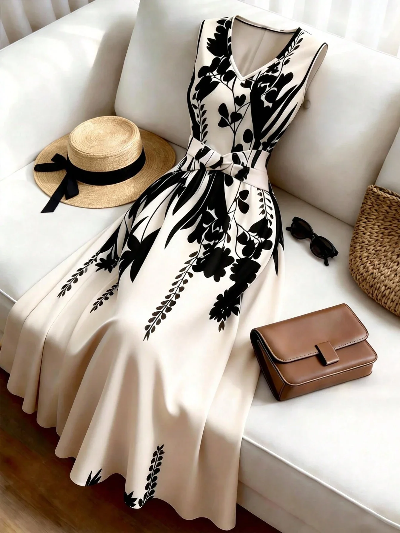 

Женское платье миди без рукавов с V-образным вырезом, цветочным принтом и завышенной талией, расклешенное