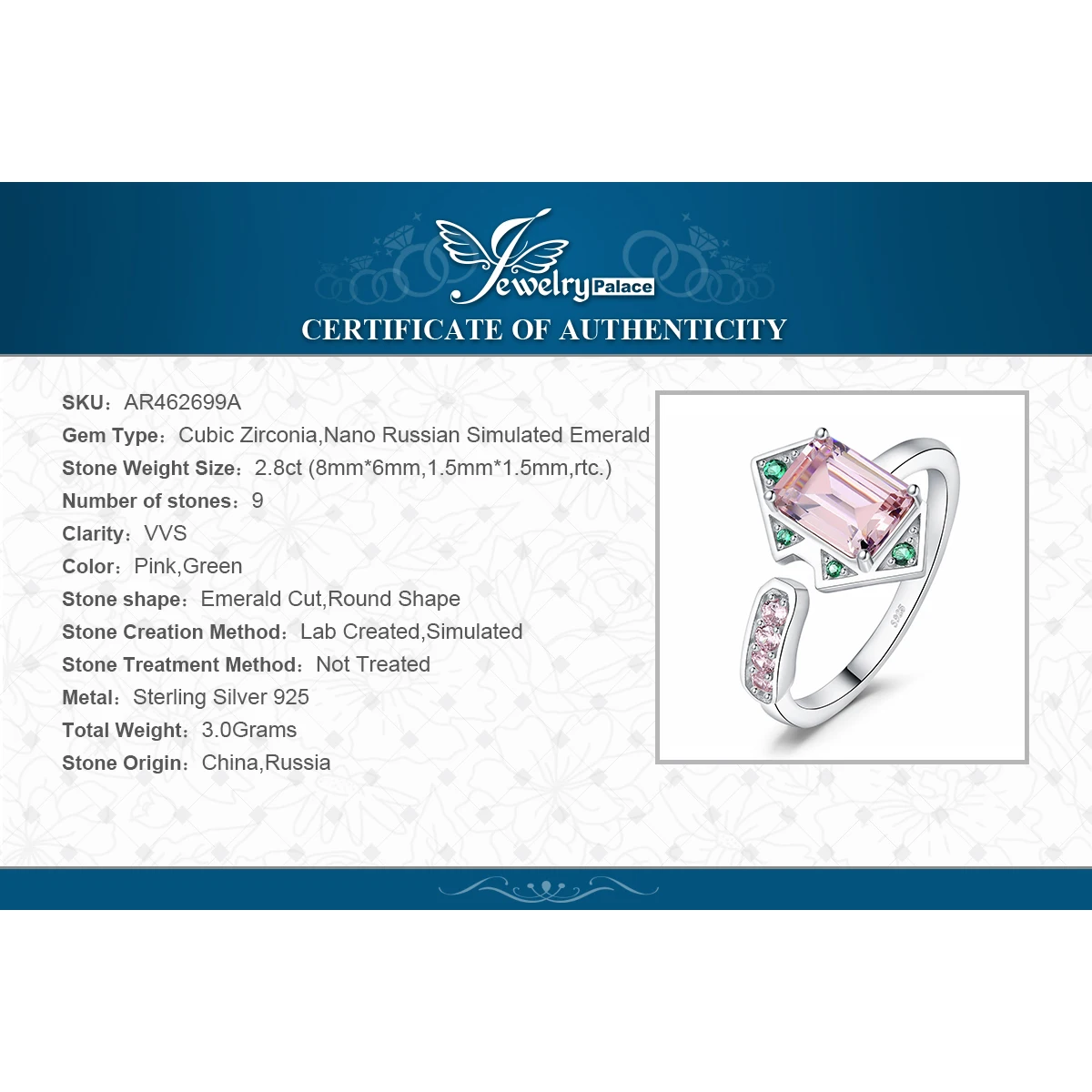 JewelryPalace New Arrival Geometric 2.8ct Pink Gemstone 925 Sterling Silver Adjustable Cocktail Ring for Woman Fashion Jewelry