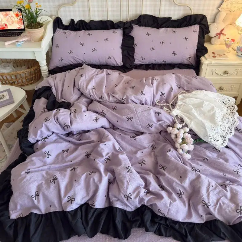 Bedding 4-Piece Set Sweet Cute Girlish Heart Bow Lace Quilt Cover Double-Layer Gauze Bedding Set Comfortable Bed Sheet Girl's Gi