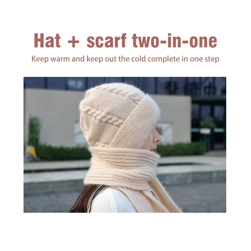 Integrated Ear Protection Windproof Cap Scarf, Knitting Thick Warm Ear Guard Hat, Fashion Women Winter Knitted Hat