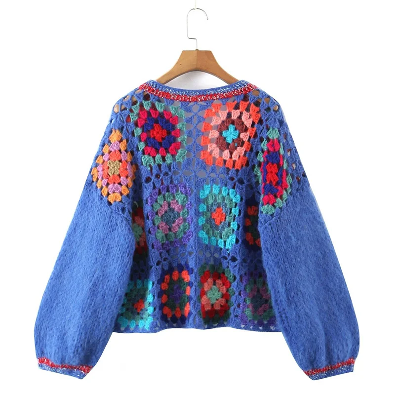 KEYANKETIAN Autumn New Hollowed-Out Hook Plaid Short Knit Cardigan Ladies Tribal Ethnic Wind Handmade Thick Line Sweater Soft