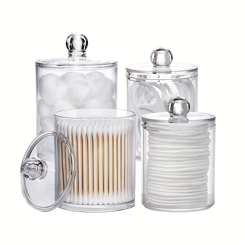 4 Pack Qtip Holder 12 oz, 10 oz Restroom Bathroom Organizers and Storage Containers, Clear Plastic Apothecary Jars with Lids