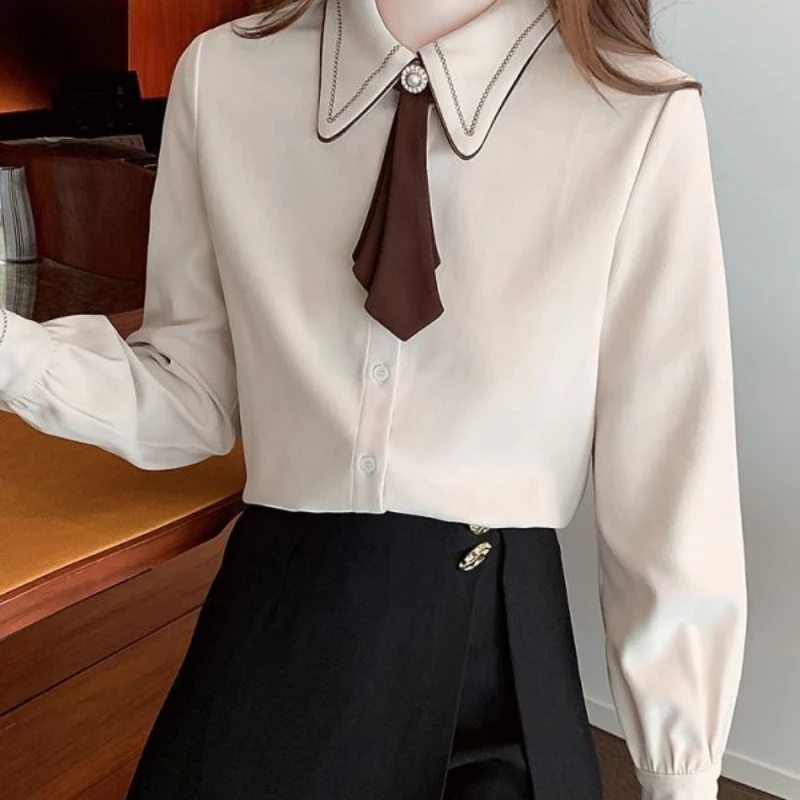 Spring Autumn New Doll Collar Fashion Long Sleeve Shirt Women High Street Casual Button Cardigan Elegant Bow All-match Chic Top