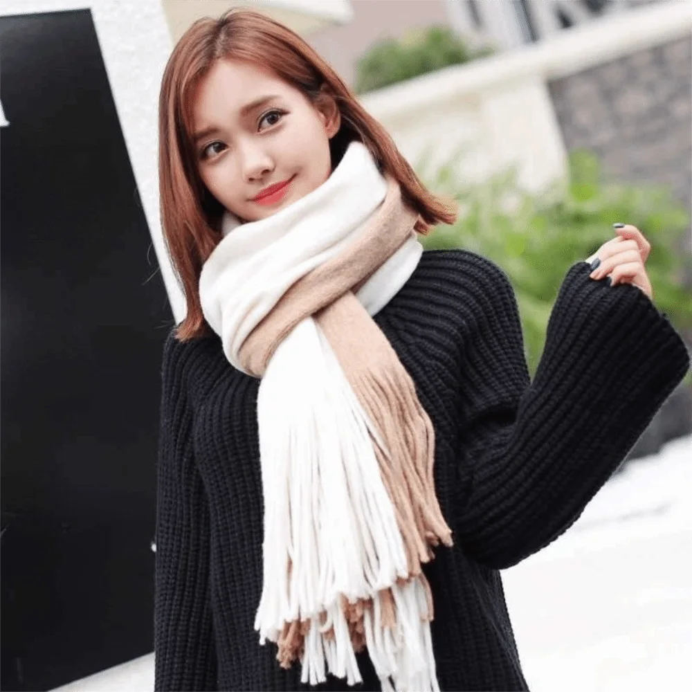 

Retro Korean Style Women Cashmere Scarf Thickened Windproof Long Wool Tassel Scarf Soft Splicing Color Winter Neckerchief Autumn