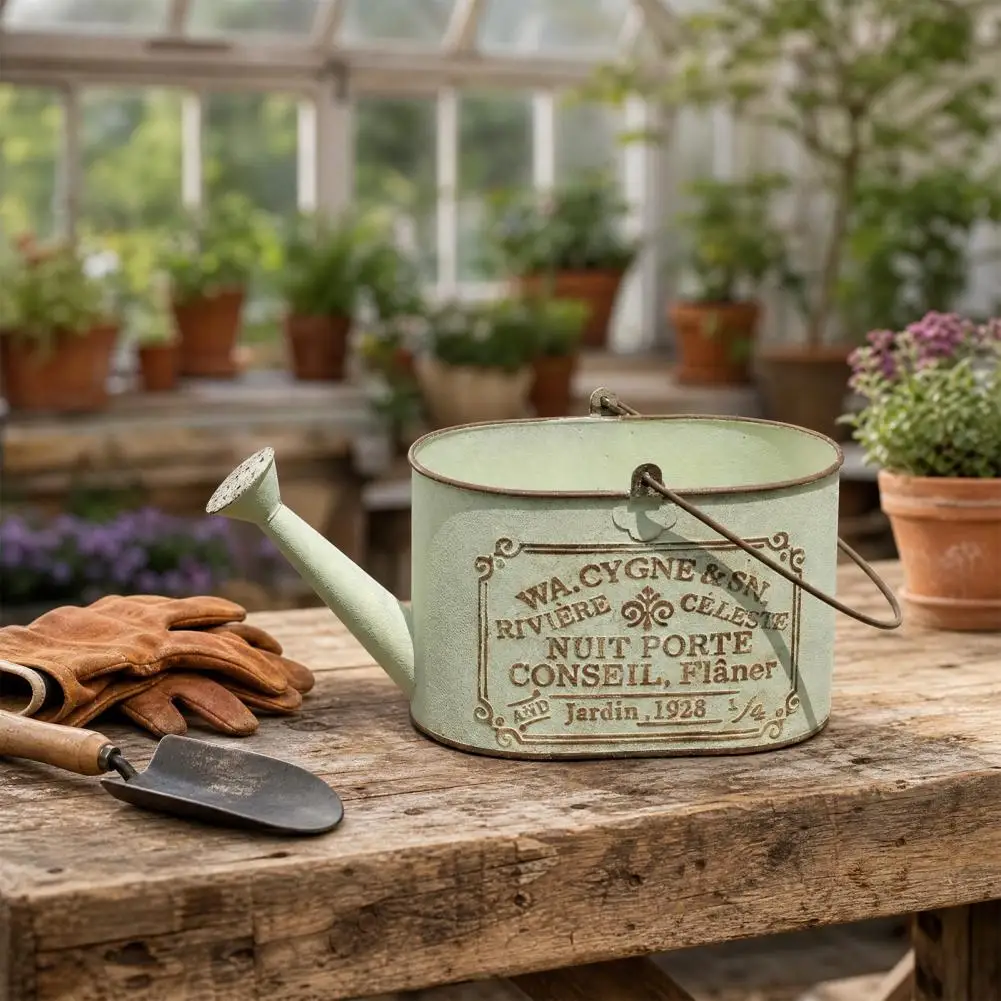 Unbreakable Planter Retro Style Decorative Flowerpot with Handle Storage Tray Sprinkler Shaped Durable Iron Plant Pot for Home