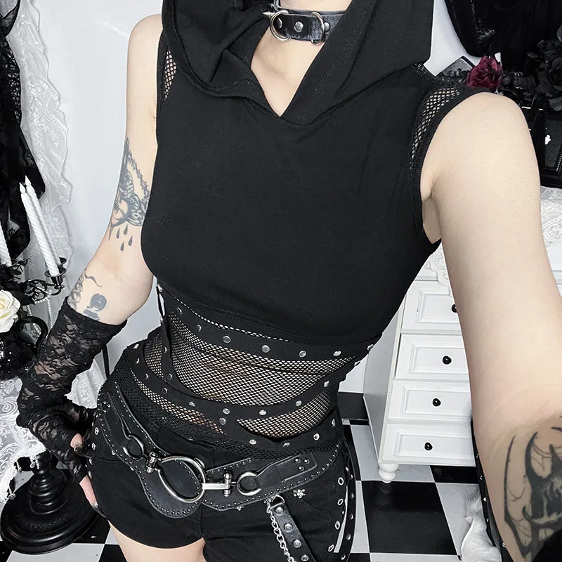 ONE TO WAN Summer American Vintage Dark Goth Vest Women's Sleeveless Fishnet Patchwork Slim Hooded Top Subculture Y2K Punk Vest