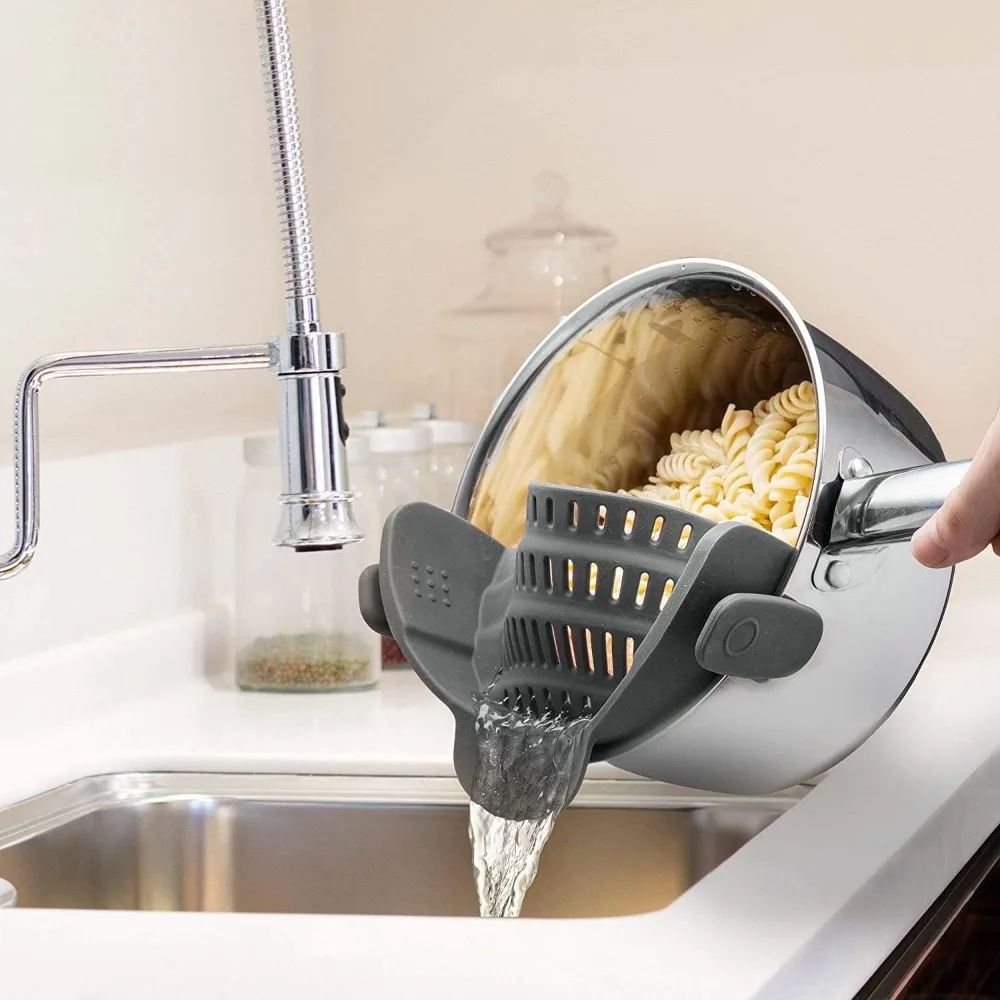 Clip-On Silicone Pasta Strainer for Pots & Pans - Heat Resistant Colander - Space-Saving Kitchen Gadget