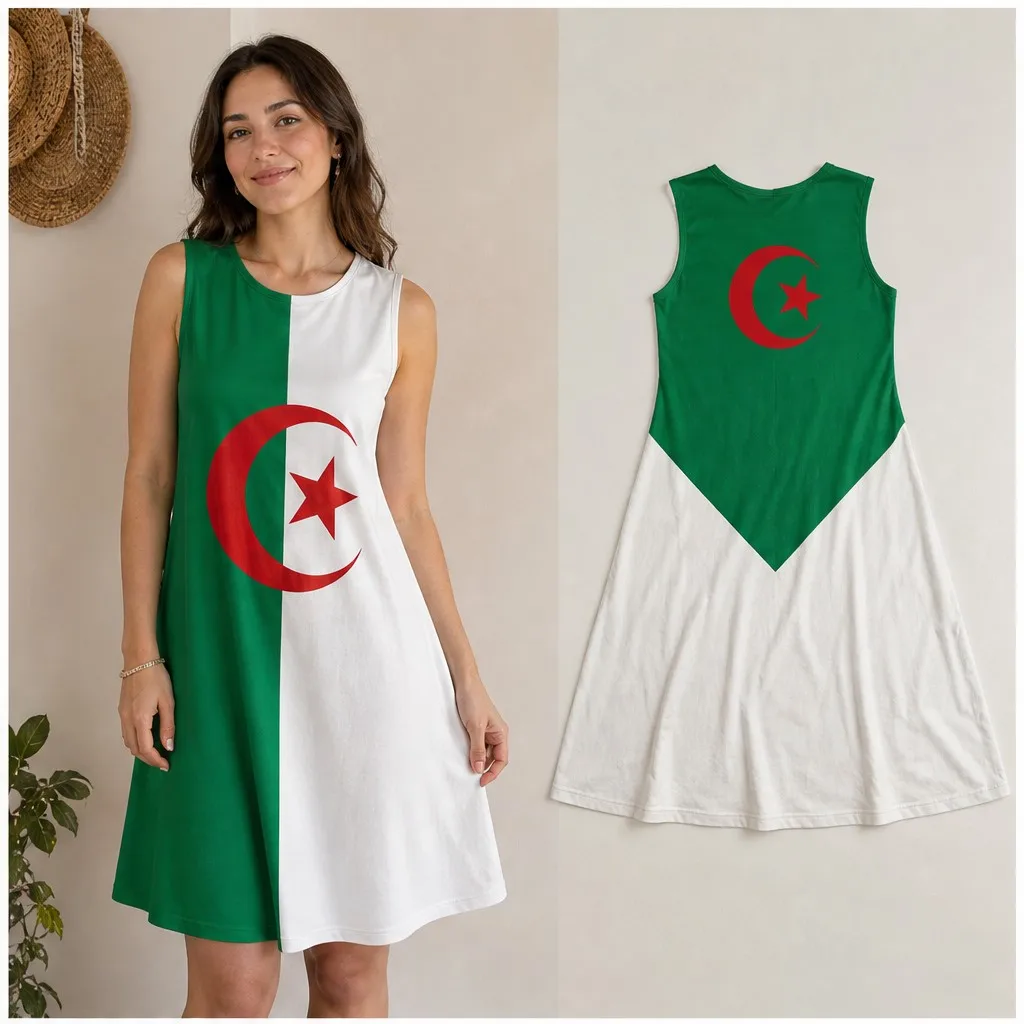 

Womens Sleeveless Loose Dress Algeria Crescent Star Color Block A Line Tank Dress For Summer Travel Casual Resort Daily Wear Fit