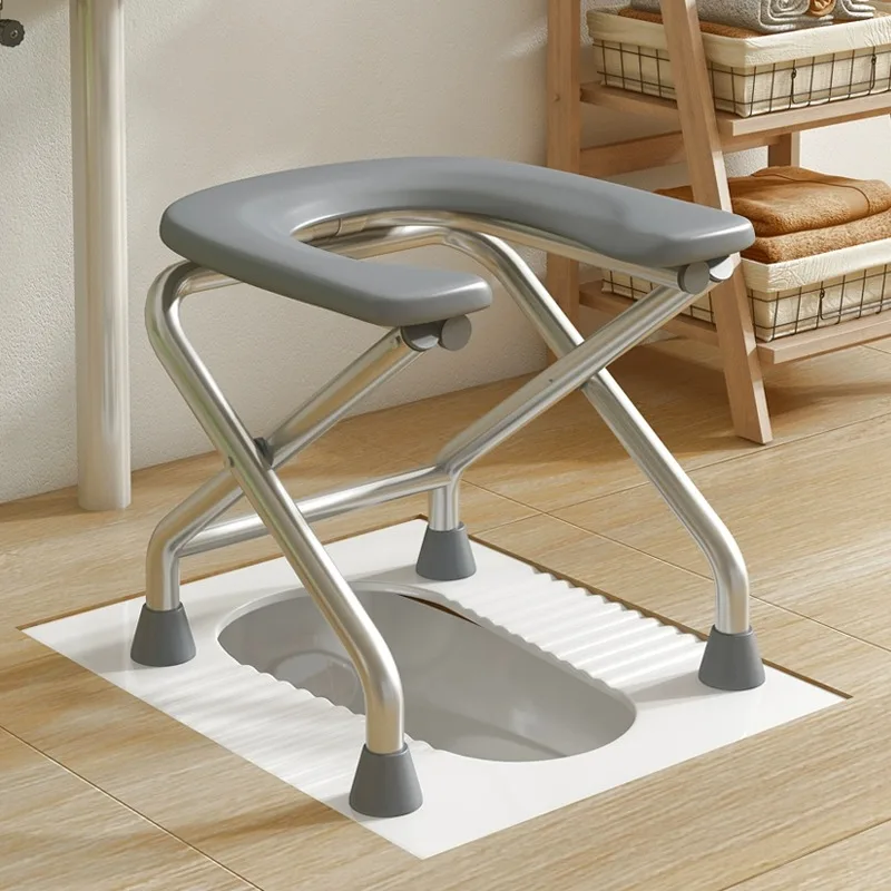 ‌Reinforced Steel Tube Folding Commode Chair 45Degree Anti-Tipping Feature Convert Squatting to Sitting Home Bathroom Solution