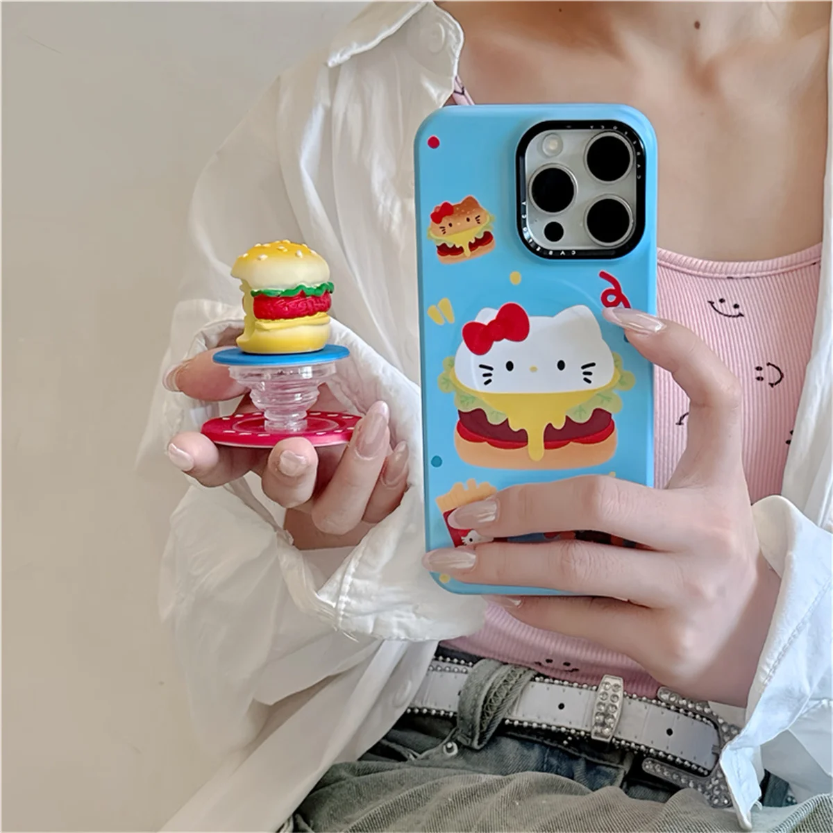 

Cute Hellokitty Magentic Phone Case For iPhone 16 Pro 15 14 13 Pro Max Cover with Hamburgers Stand Cartoon Hard Cases