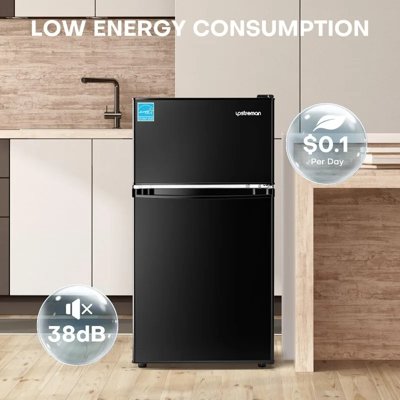 ثلاجة Upstreman 3.1 قدم مكعب مع فريزر، ثلاجة صغيرة بباب مزدوج، أساسيات النوم، ترموستات قابل للتعديل، أسود