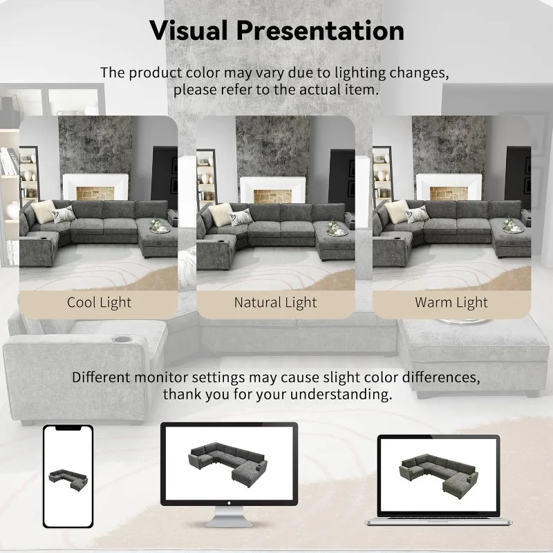 طقم أريكة سحابة حديث على شكل حرف U مع صالة تشيس كبيرة الحجم، مع حامل أكواب لغرفة المعيشة باللون الرمادي الداكن