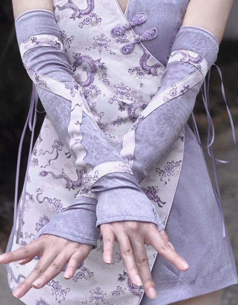 Summer Japanese Fashion Design Strap Arm Warmer Dragon Pattern Jacquard Chinese Style All-Match Flab Hiding Lace-up Oversleeve