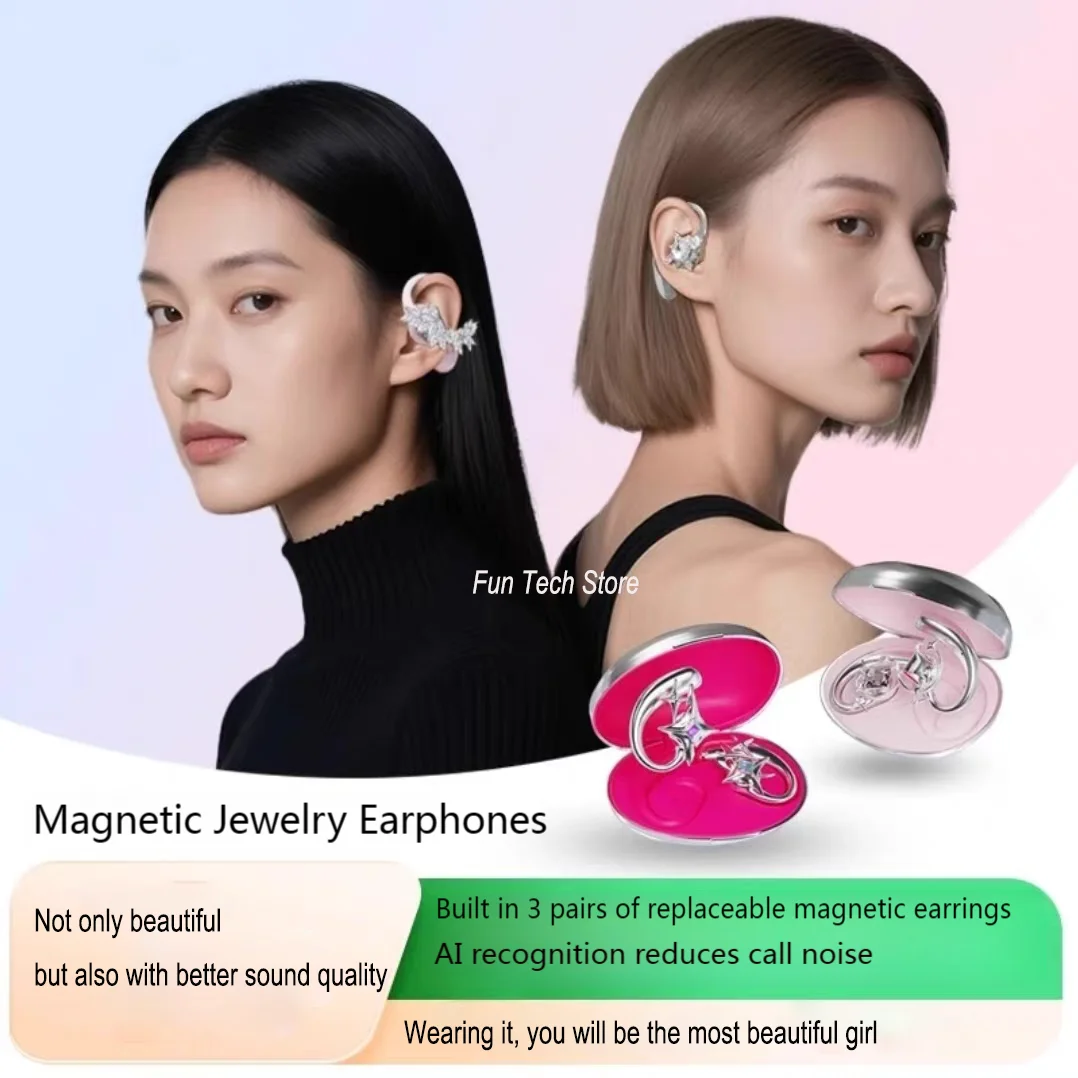 

Bluetooth 5.4 Jewelry Earphones With 3 Pairs of Magnetic Earrings Call Noise Reduction Waterproof Wireless Headphones For Girls