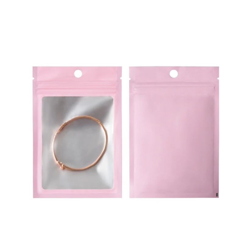 Customized Printing Pink Aluminum Plated Window Zipper Bag, Necklaces Rings Gift Packaging Pouch