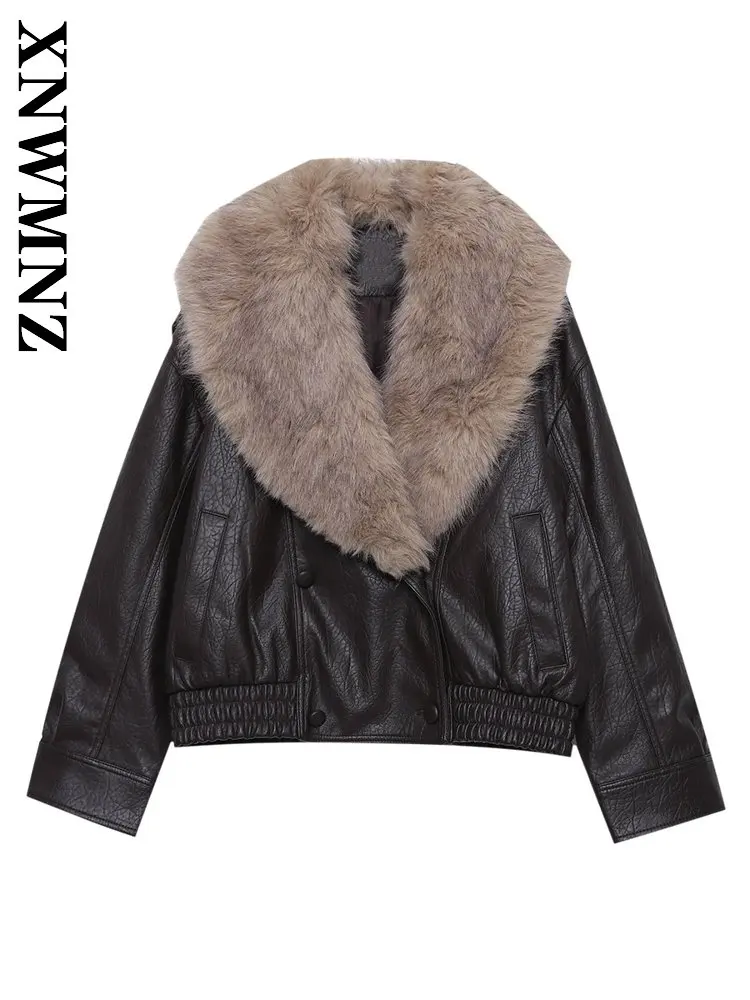 

XNWMNZ 2025 Осенняя женская шикарная винтажная куртка из искусственной кожи с отложным воротником и длинными рукавами, клубная повседневная зимняя куртка из искусственного воротника, праздничное пальто