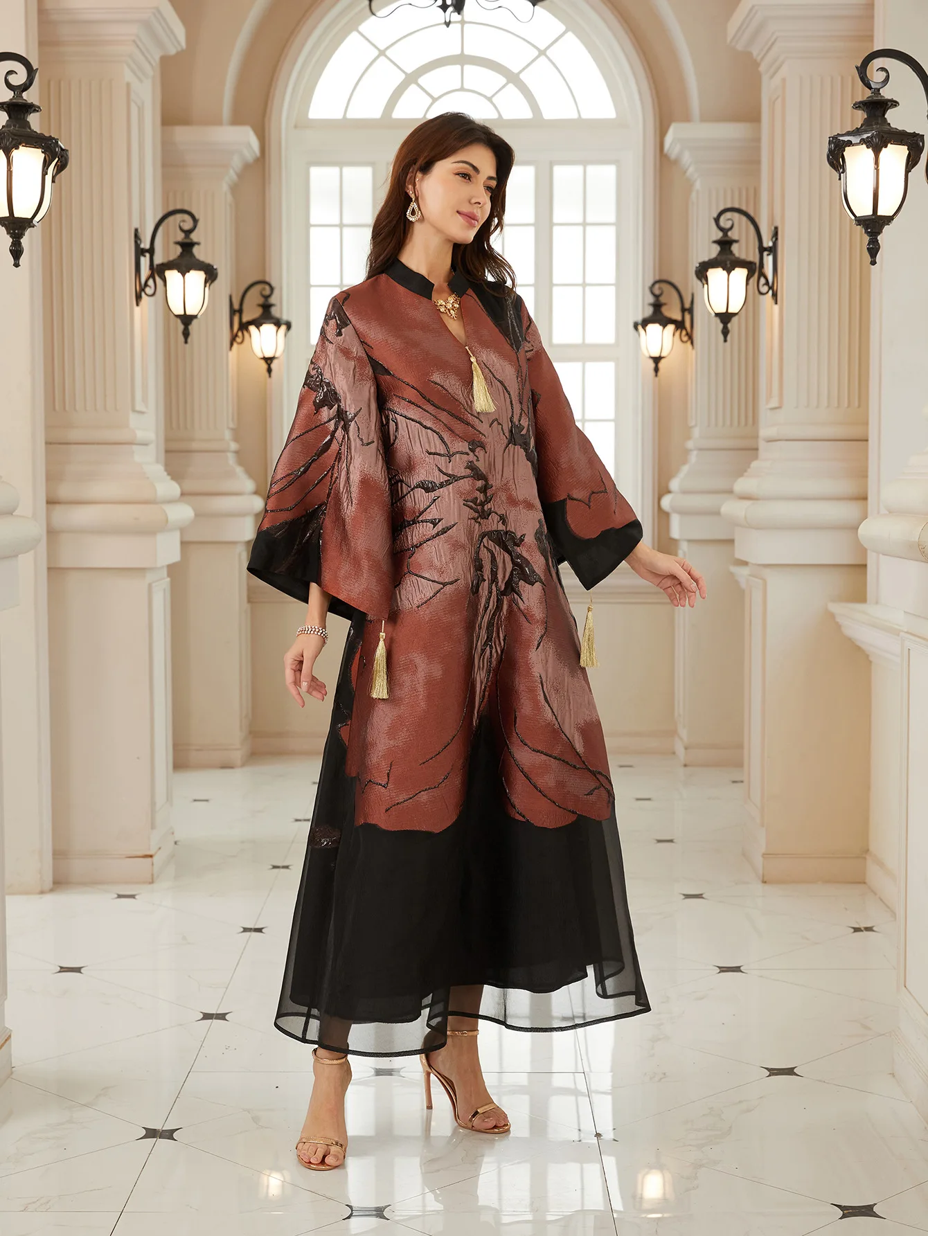 

Ele Long Sve Hanfu Dr для женщин Par Dr Cross-Border Vintage Sle Свободная талия Batwing Sve Triacetate Fiber