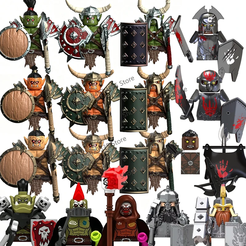 Image of Mittelalterliche Militär-Ork-Soldaten-Figur Bausteine Elfen-Wächter Ritter Krieger Waffen Schild Filmfigur Mini-Bausteine Spielzeug Geschenk
