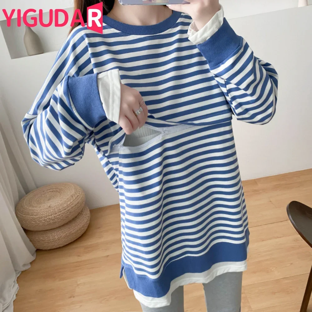 

Long Sleeve Striped Blouse Pullover Loose Round Neck Spring Horizontal Open Breastfeeding Clothes Maternity Top pregnancy