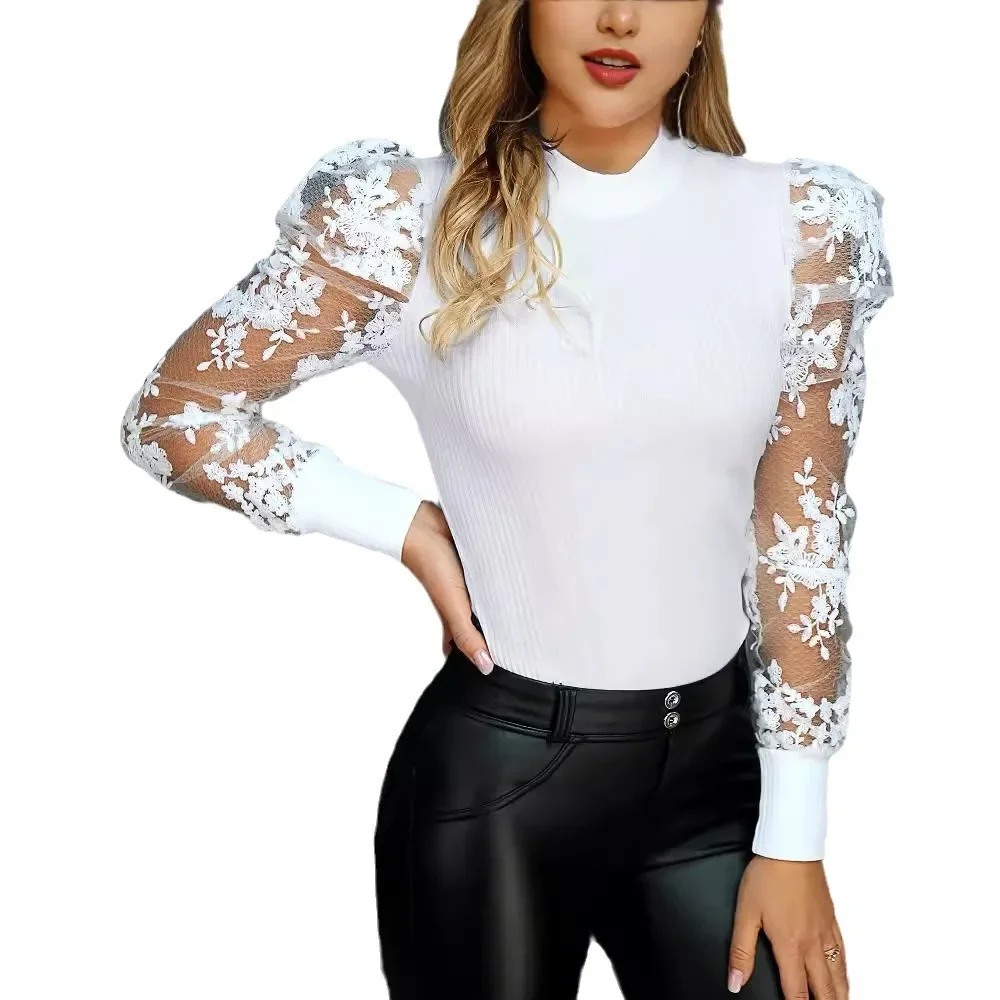 Women\'s Clothing White Mesh Jacquard Stitching Knitted Top Blouse O Necl Long Sleeve Fashion Lace