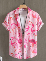Men's Hawaiian Flamingo Print Shirt Button Down Short Sleeve Casual Shirt