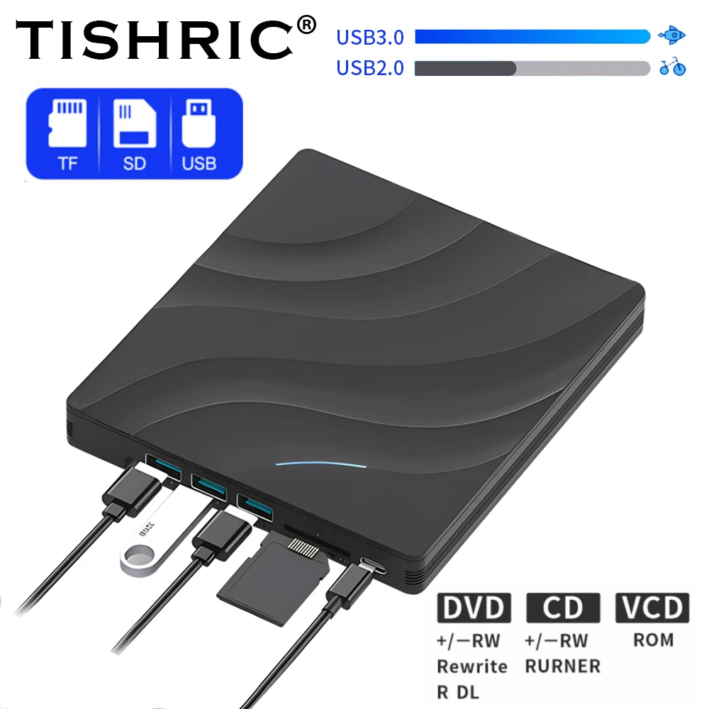 TISHRIC USB 3.0 Type C External DVD Drive Burner USB TF SD Card Reader CD/DVD-ROM 24X 8X Reader Write External CD And DVD Player