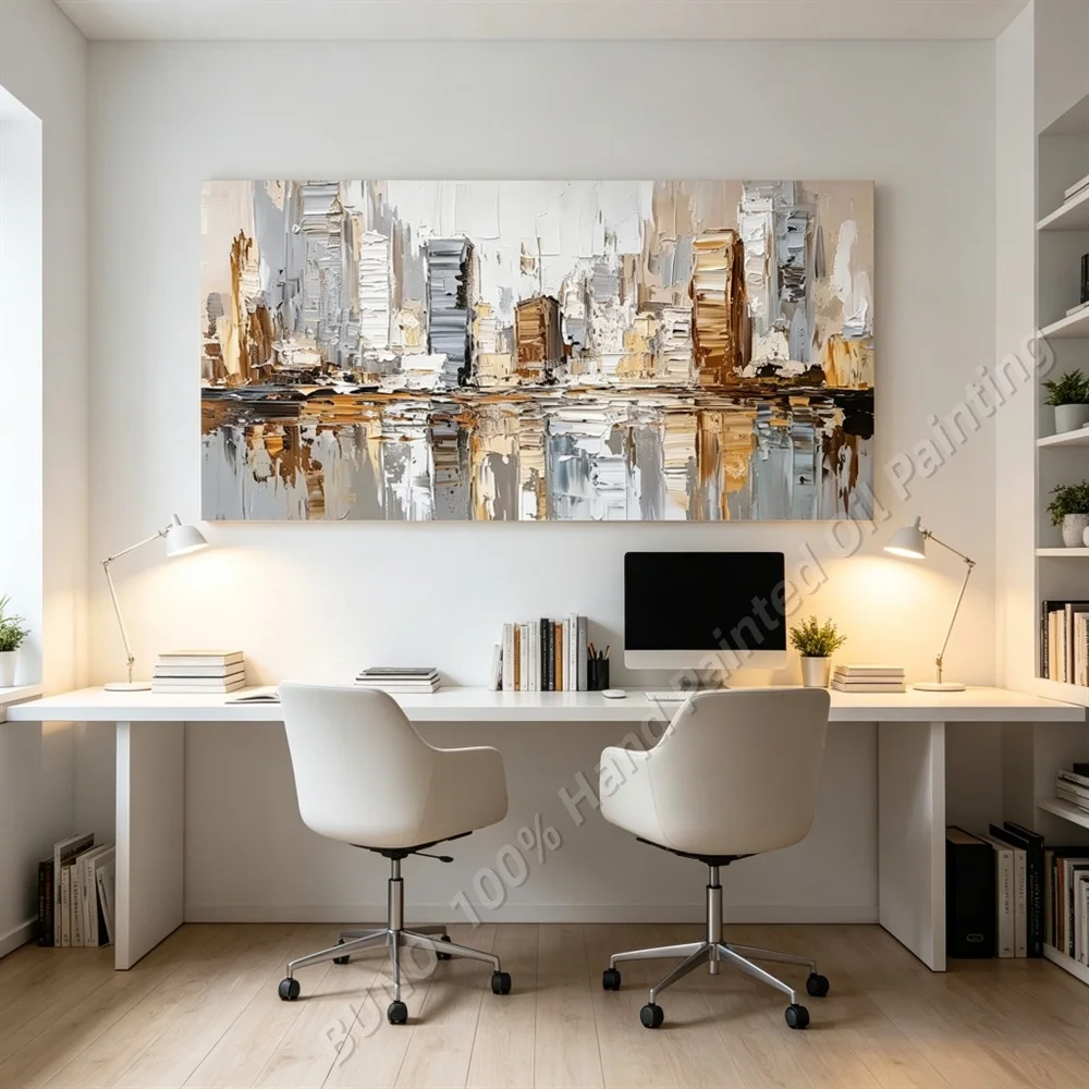 Hand Painted Abstract Oil Painting Original Cityscape Skyline Textured Canvas Wall Art Home Office Living Room Bedroom Decor
