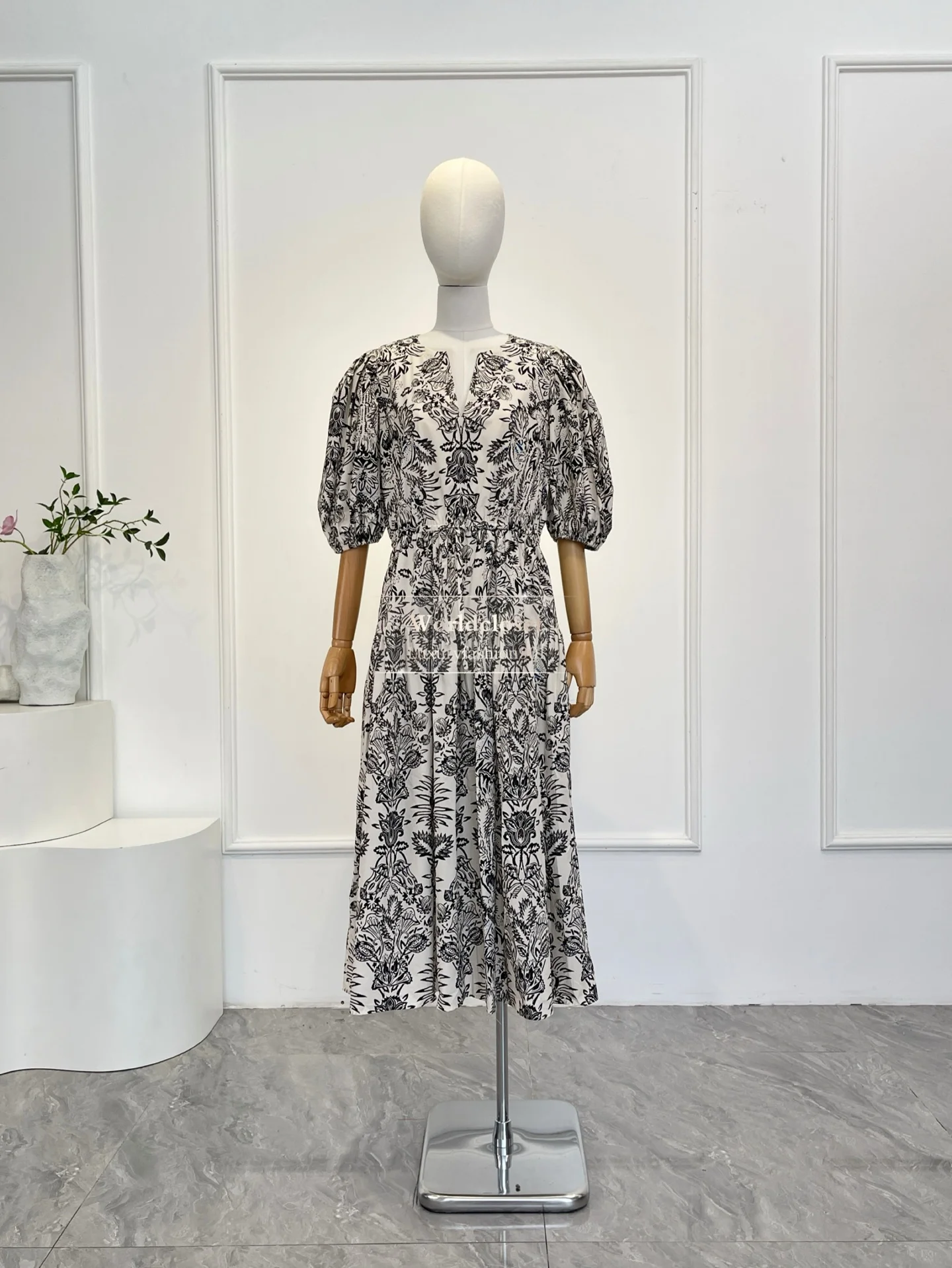 

Spring Summer High Quality 2026 New Cotton Grey Floral Print Pull Short Sleeve Women Midi Dress for Holiday