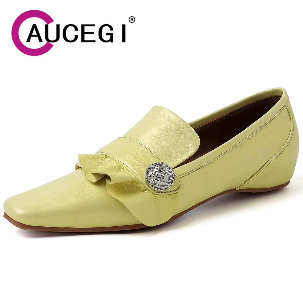 Aucegi New Fashion Ruffles Metal Decoration Genuine Leather Pumps Women Square Toe Dress Party Wedges Heels Spring Shoes