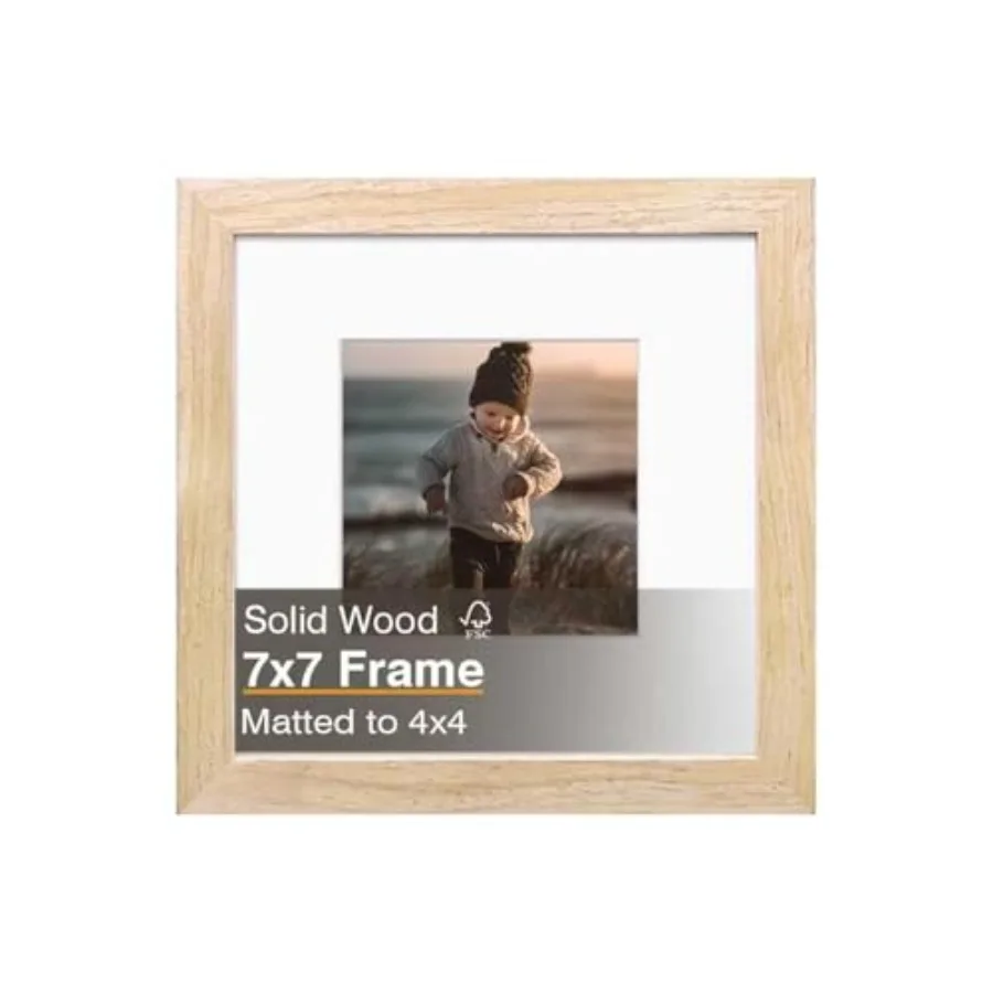

7x7 Picture Frame, Square Solid Wood Frames for Pictures 4x4 with Mat or 7x7 without Mat, Wall and Tabletop Display Photo Frame