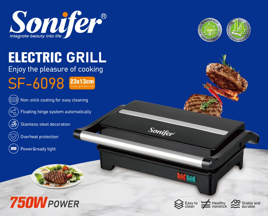Electric Grill Sonifer SF-6098 750W Contact Grill Non Stick Sandwich Maker Floating Hinge Toast Press for Home Kitchen