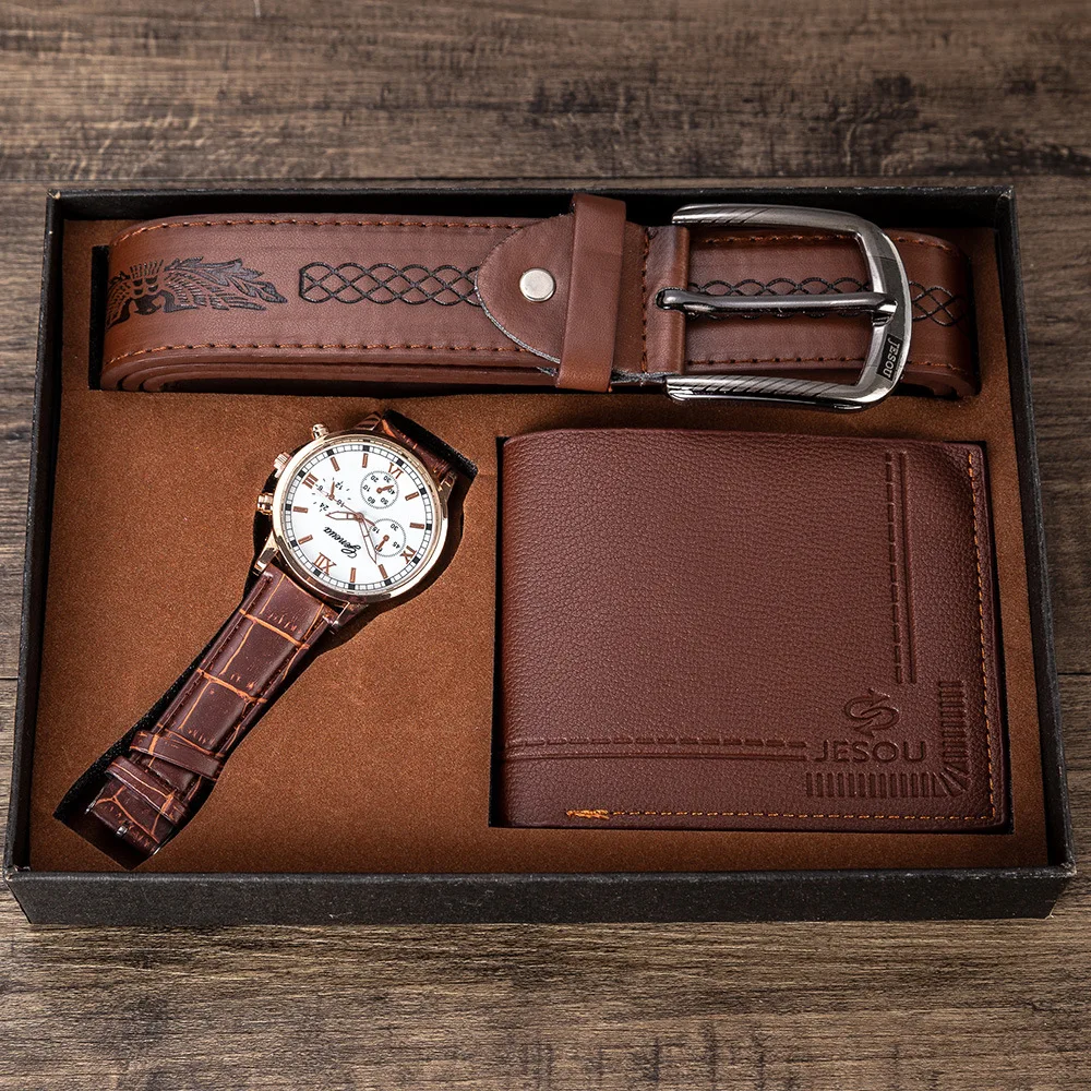 3pcs Set Men\'s Gift Set Luxury Vintage Quartz Watch Brown Leather Belt Wallet Suit Gift Set for Men Boyfriend Dad Drop Shipping