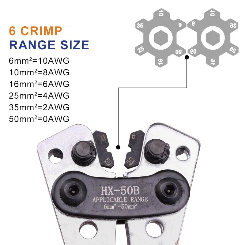 Imagem -04 - Terminal do Tubo Crimper Ferramentas Hex Crimp Hx50b Alicate Bateria Multitool Lug Cabo Ferramentas Manuais 6-50 Mm2 Awg 100 O50