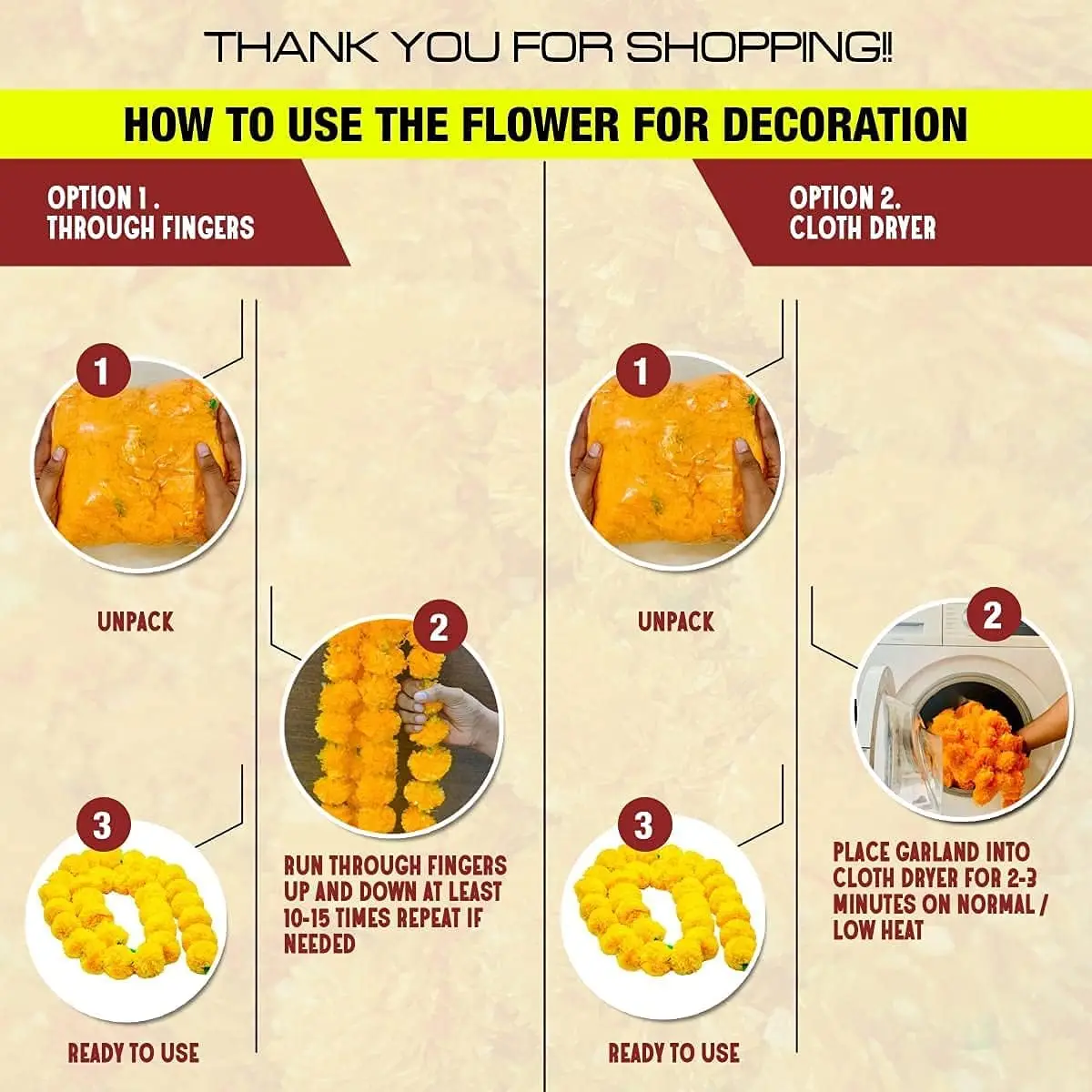 Ghirlanda di calendula per decorazione 10 pezzi da 5 piedi (1,52 m) ̃ fili lunghi fiori di calendula artificiali, decorazioni indiane per Pooja