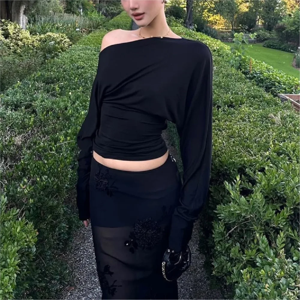 Camisetas femininas casuais na primavera outono solto cor sólida diário estilo de rua topos gola inclinada mangas compridas roupas de cintura