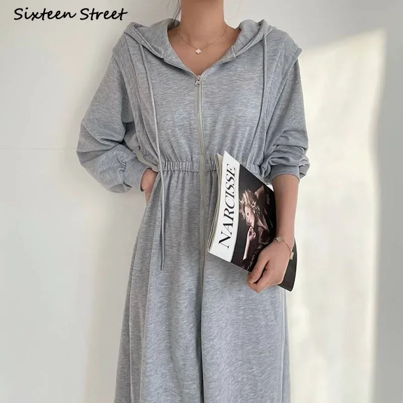 Chic Gray Hooded Dress Women Elastic Waist  Long Sleeve Vestido Dress Female Korean Fashion Zipper Maxi Clothing Streetwear