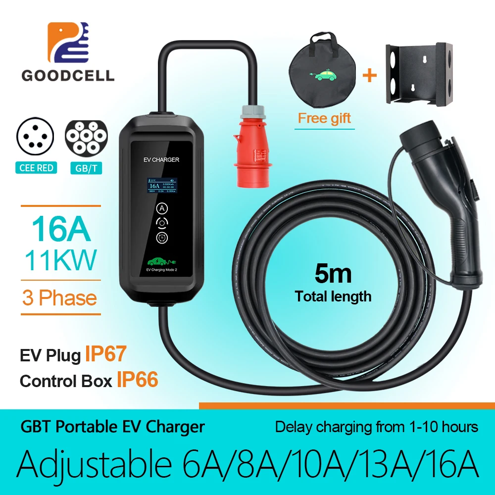 

GOODCELL Electric Vehicle Car Charger EVSE Wallbox 16A 11KW Power Plug 5m Charging Box Plug 3Phase EV Portable Charger GBT