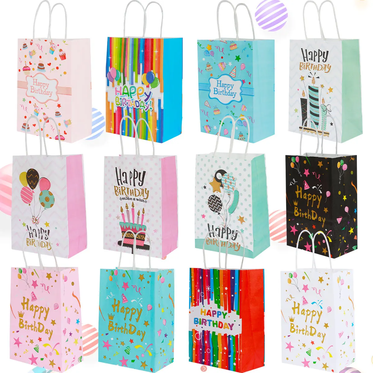 36Pcs Happy Birthday Gift Bags Colorful Present Bags with Handle Reusable Paper Party Favor Bag Portable Goodies Bags